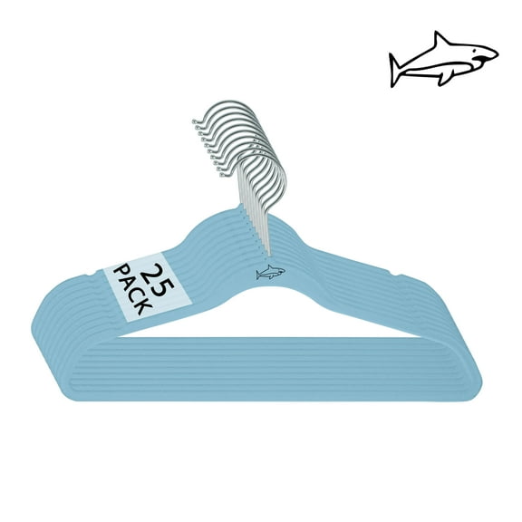 Simplify Kid's 25 Pack Velvet Clothing Hangers with Shark Icon in Light Blue