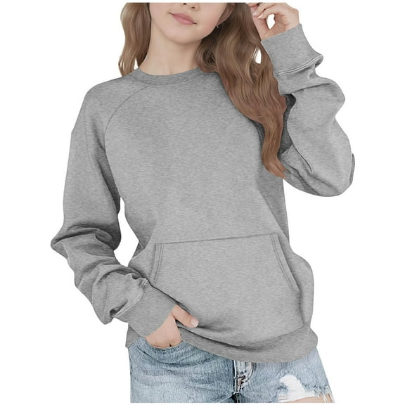 SERTG Boys Girls Kids Solid Color Round Neck Pullover Long Sleeve Casual Everyday Outerwear Spring Fall Comfortable Tops for Children(Gray,7 Years)