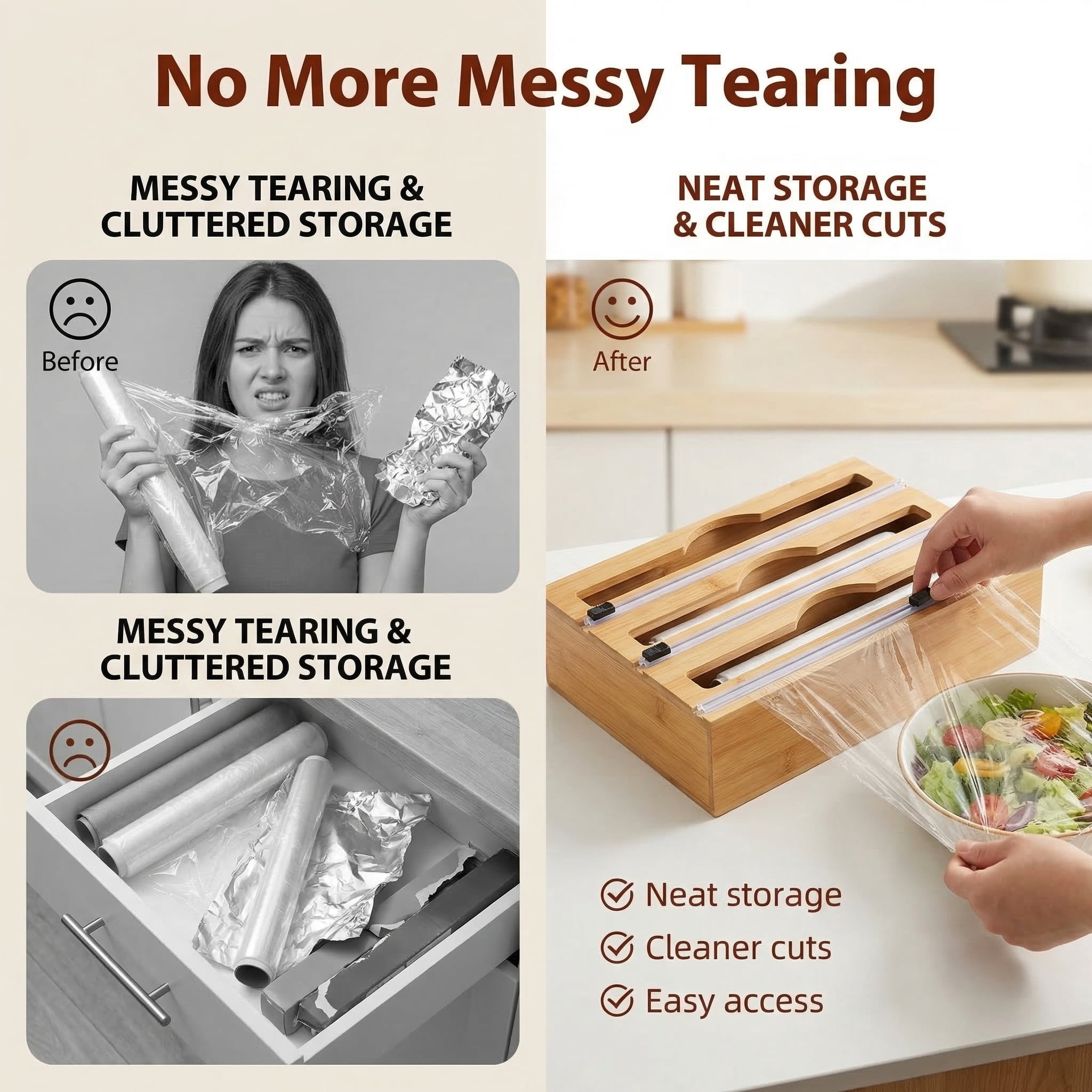 CNDRLEF 3-in-1 Bamboo Wrap Organizer with Sliding Cutters, Wall Mount or Drawer Kitchen Wrap Storage for Plastic Wrap, Aluminum Foil & Parchment Paper, Fits Up to 12.5" Rolls, Natural