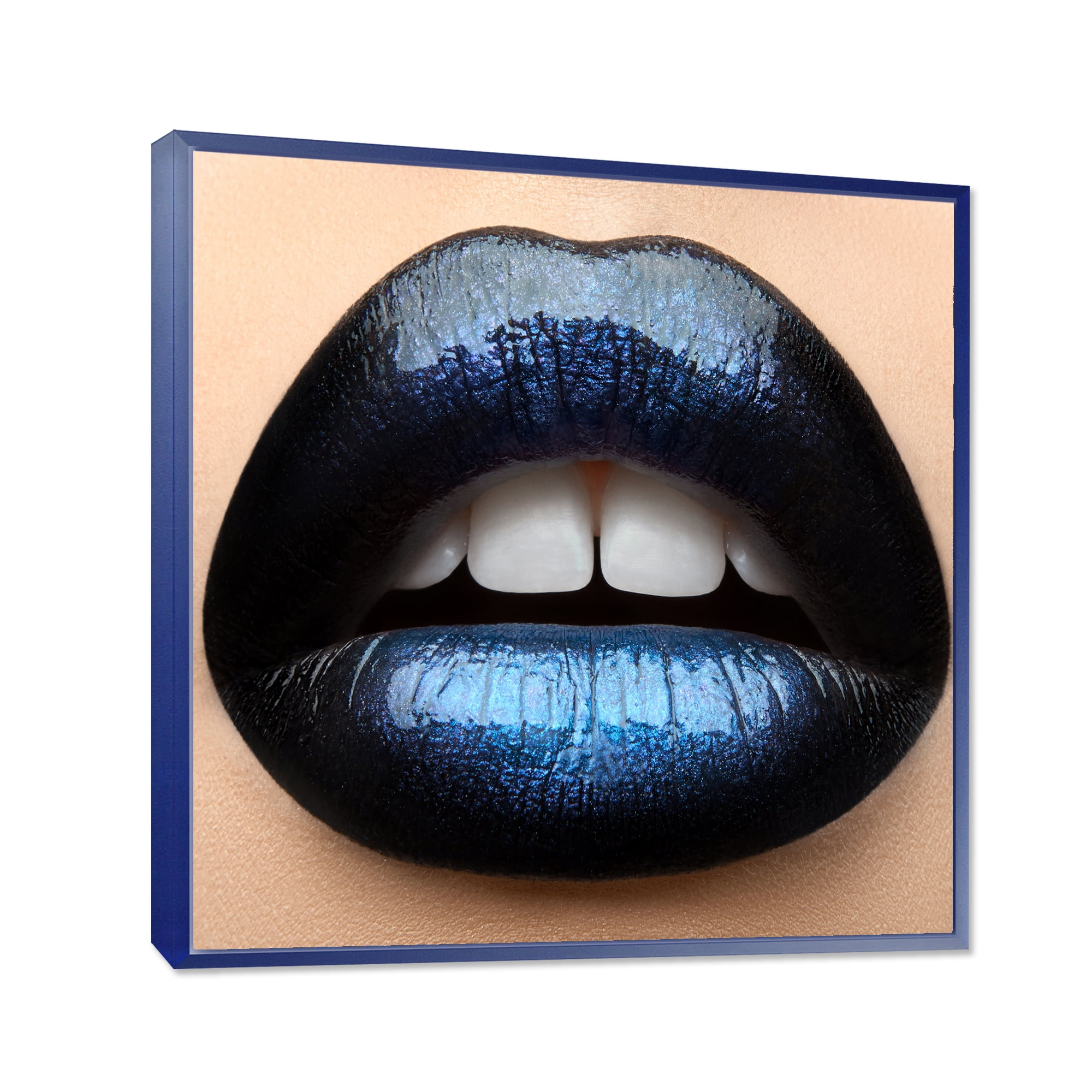 Girl Lips With Black and Blue Lipstick 36 in x 36 in Framed Photography Canvas Art Print, by Designart