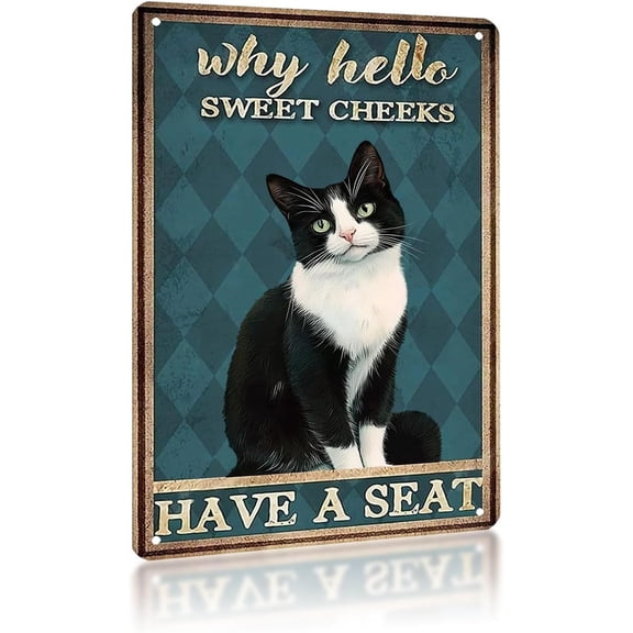 Funny Cat Metal Sign Why Hello Sweet Cheeks Tin Signs Cat Wall Decor for Bathroom Washroom Toilet 8×12 Inch