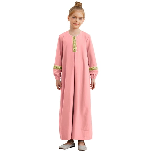 Yartina Kids Girls Praise Dance Dress Long Sleeve Round Neck Maxi Dresses Pink 10