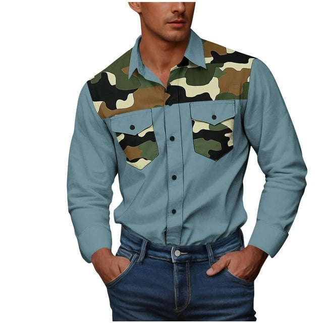 Chemises Longues pour Hommes Chemises avec Doubles Poches Hommes Décontracté Mode Bouton Camouflage Double Poches Imprimé Manches Longues Col Rabattu Chemise de Travail Chemises à Boutons pour Hommes Chemises Camouflage pour Hommes
