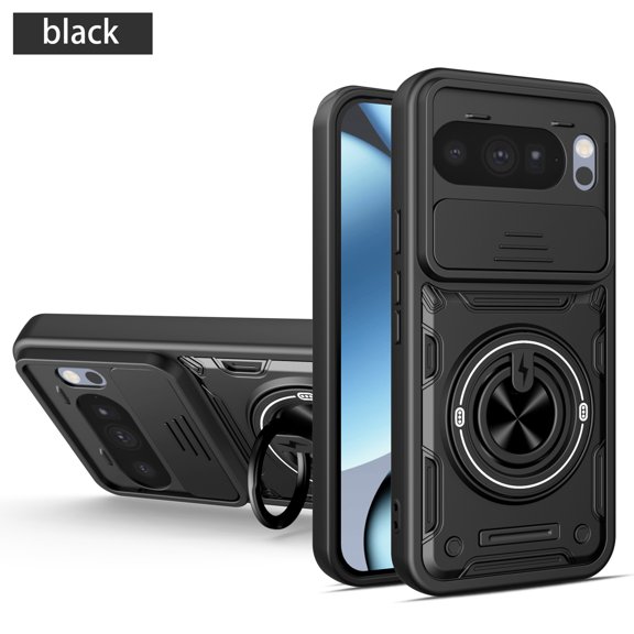 Case for Google Pixel 10 /10 Pro with 360° Rotating Ring Stand, Hybrid Shockproof Phone Case with Sliding Camera Cover, Drop Protective Heavy-Duty Cover with Shock-Absorbing Design, Black