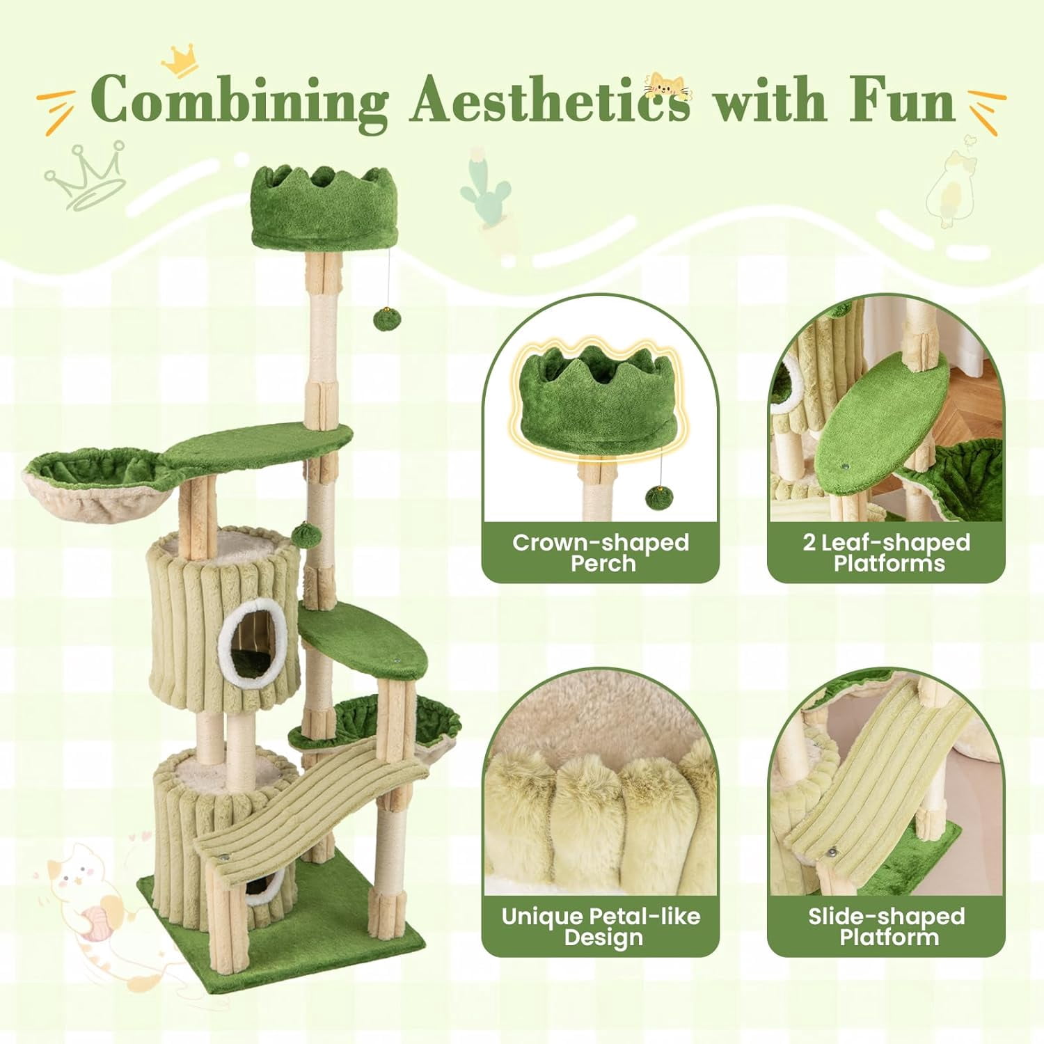 LEHOME 63 Inch Tall Cat Tree, Cute Green Cat Tower with 2 Condos, Plush Top Perch, 2 Basket Beds, Sisal Scratching Posts, 2 Dangling Balls, Slide Platform, Large Aesthetic Cat Tree for Indoor Cats