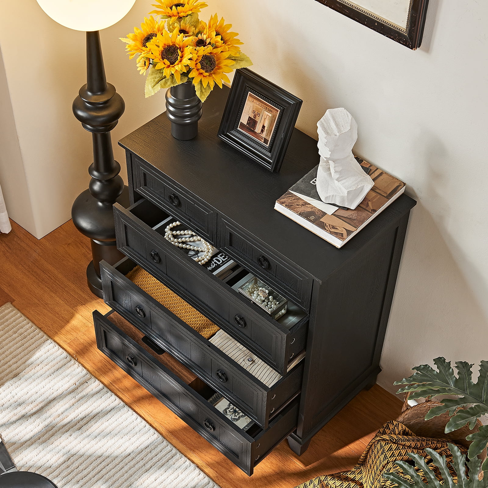 Farmhouse 5 Drawers Dresser for Bedroom with Smooth Metal Rails, Vertical Wood Dresser with Deep Drawers, Chest of Drawers for Bedroom, Black