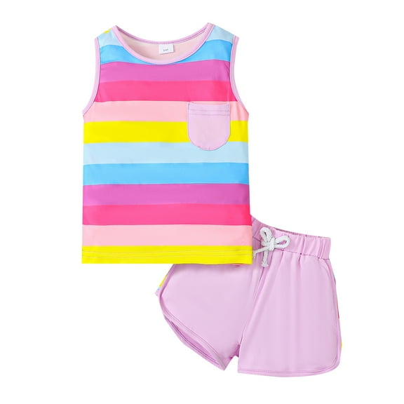 3T Baby Girls Clothes 4T Girls 2PCS Summer Outfits Set Round Neck Toddler Girls Sleeveless Stripe Top Shorts Set Purple