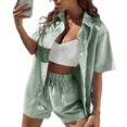 thumbnail image 7 of LYMAYTER Women Striped Shirt Outfit Summer Casual Short Sleeve Sets Lapel Relaxed Top & Shorts Suit S-XL, 7 of 7