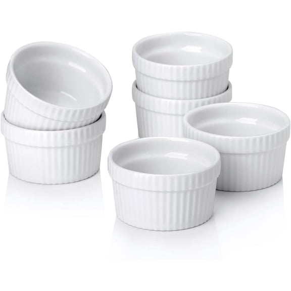 GoXteam 1.5oz Set Of 6 Ceramic Creme Brulee Ramekins, White Custard Cups, Small Dipping Bowls for Kitchen Serving Sauce Condiments, Dishwasher Oven Safe