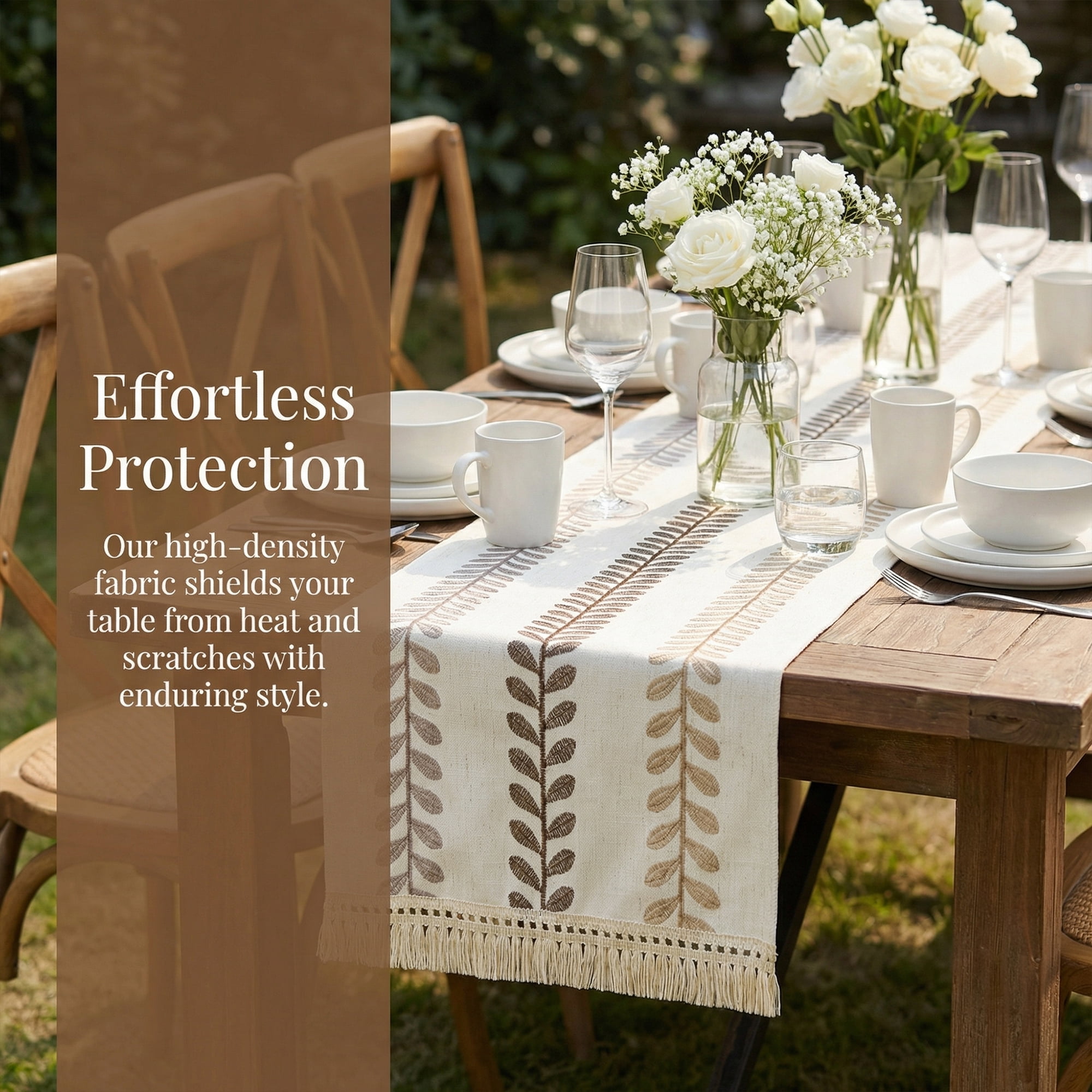Unique Bargains Polyester Floral with Tassel Table Runner for Decor Brown 15.4"x82.7"