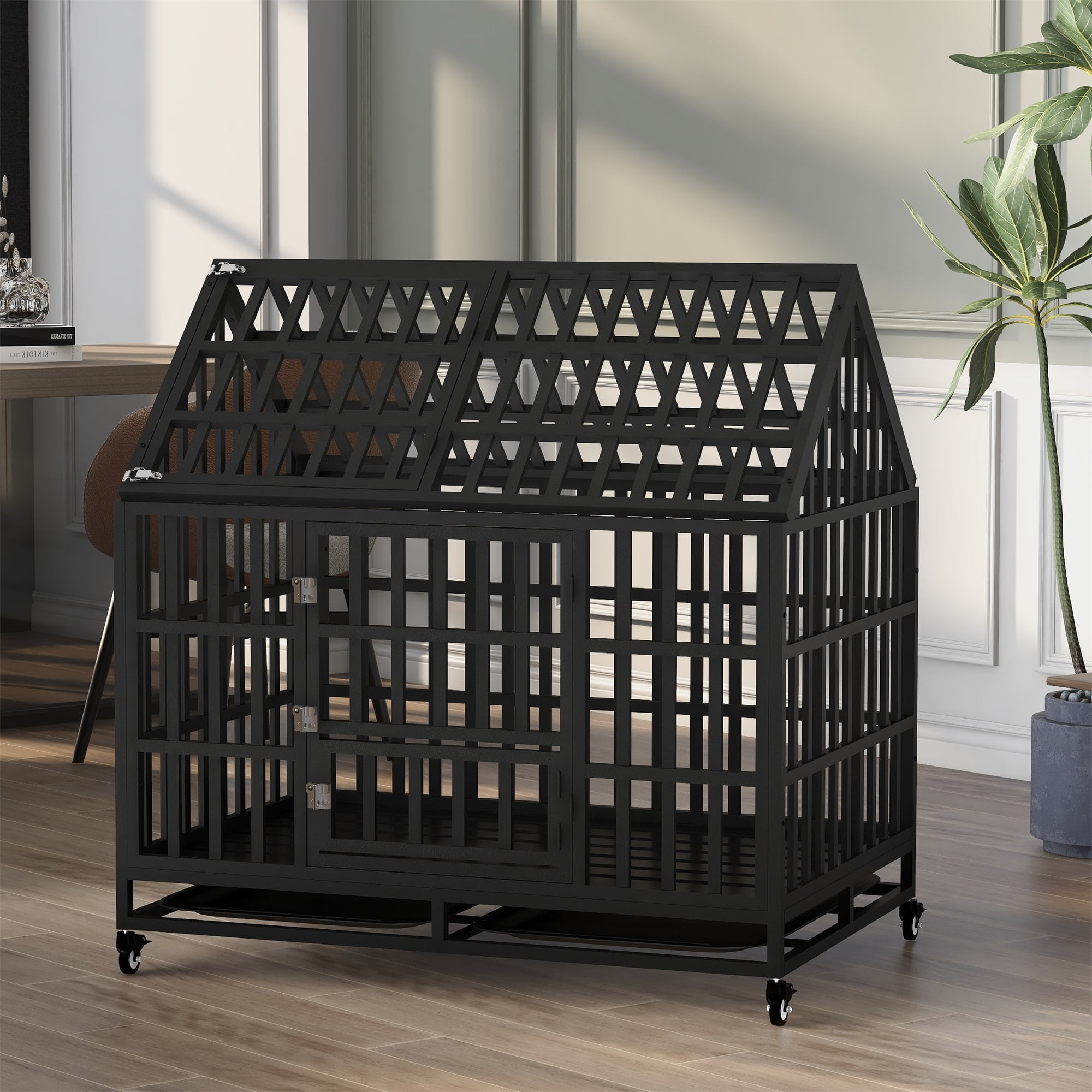 Pefilos 48" Heavy Duty Dog Cage Metal Kennel and Crate for Medium and Large Dogs, Pet Playpen with Four Wheels, Black Pefilos 48" Heavy Duty Dog Cage Metal Kennel and Crate for Medium and Large Dogs, Pet Playpen with Four Wheels, Black