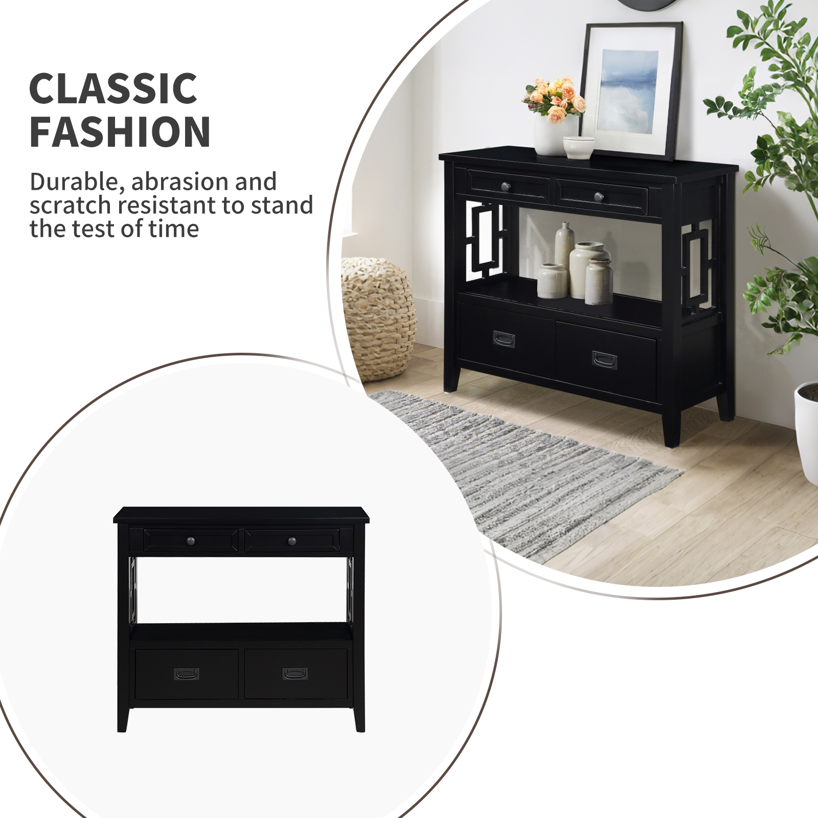 36'' Farmhouse Console Table,Pine Wood Entryway Table with 4 Drawers & 1 Storage Shelf for Entryway Living Room Hallway Kitchen (Black)