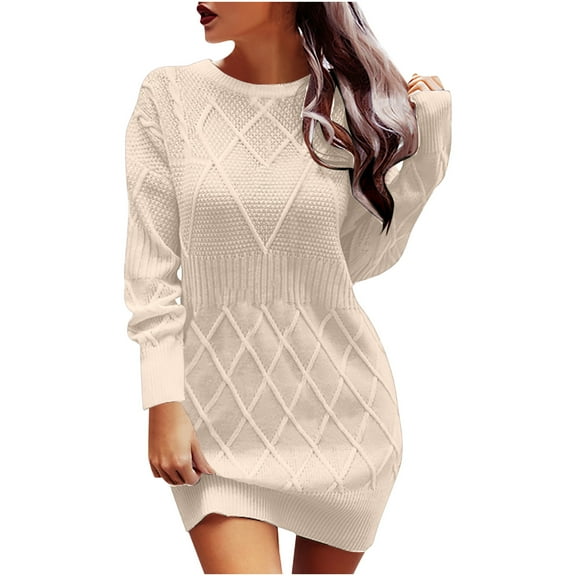 Alkepwun Women Casual Crew Neck Knit Mini Fall Sweater Dresses Lantern Sleeve Cinched Waist Solid Color Pullover Jumper Sweaters