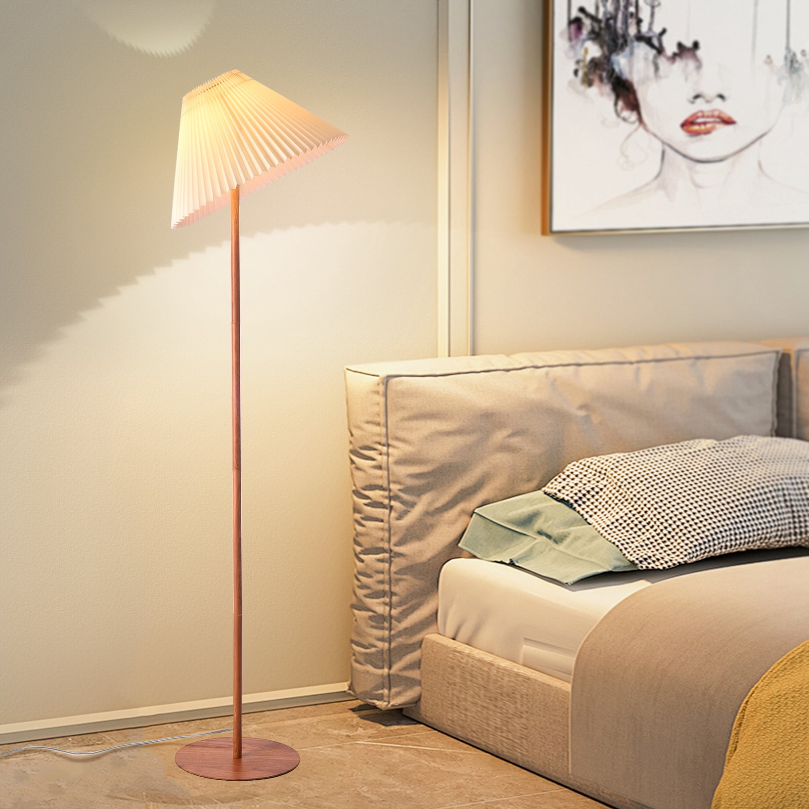 Wood Grain Vintage Pleated Floor Lamp, Farmhouse MCM Floor Lamp Standing Lamp Tall Lamp for Living Room, Office, Bedroom, Reading