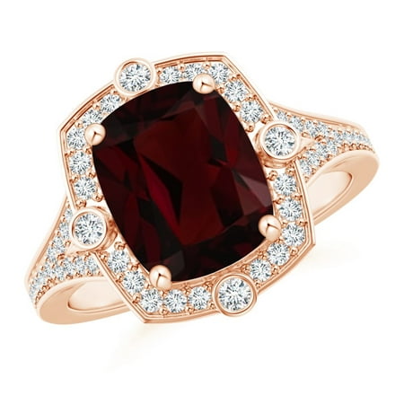 Valentine Jewelry Gift - Art Deco Inspired Cushion Garnet Ring with Diamond Halo in 14K Rose Gold (10x8mm Garnet) - SR1086GD-RG-A-10x8-7