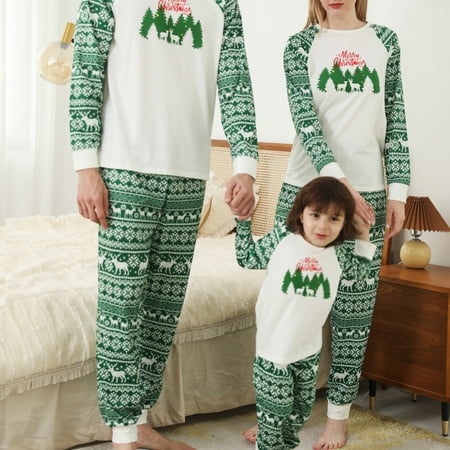 

Gueuusu Christmas Pajamas for Family Matching Family Christmas PJs Sets Green Elk Tree Printed Top Sleepwear