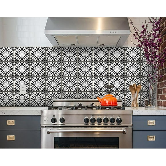 homeroots home decor 399950 4" X 4" Black and White Flo Peel and Stick Removable Tiles