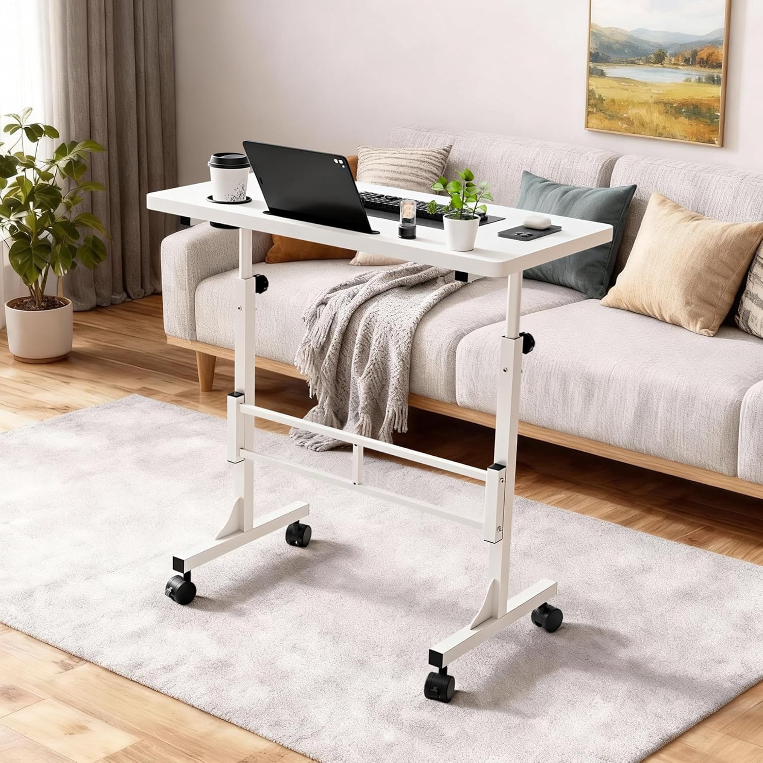 MONGJI Small Portable Standing Desk Adjustable Height, Mobile Stand Laptop Computer Workstation with Lockable Wheels for Walking Pad Treadmill (White)