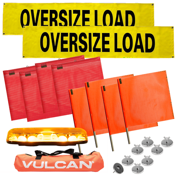 VULCAN Pilot Car Kit, 2 Solid Oversized Load Banners, 1 LED Mini Light Bar, 8 Magnets, 4 Red Flags, and 4 Orange Flags