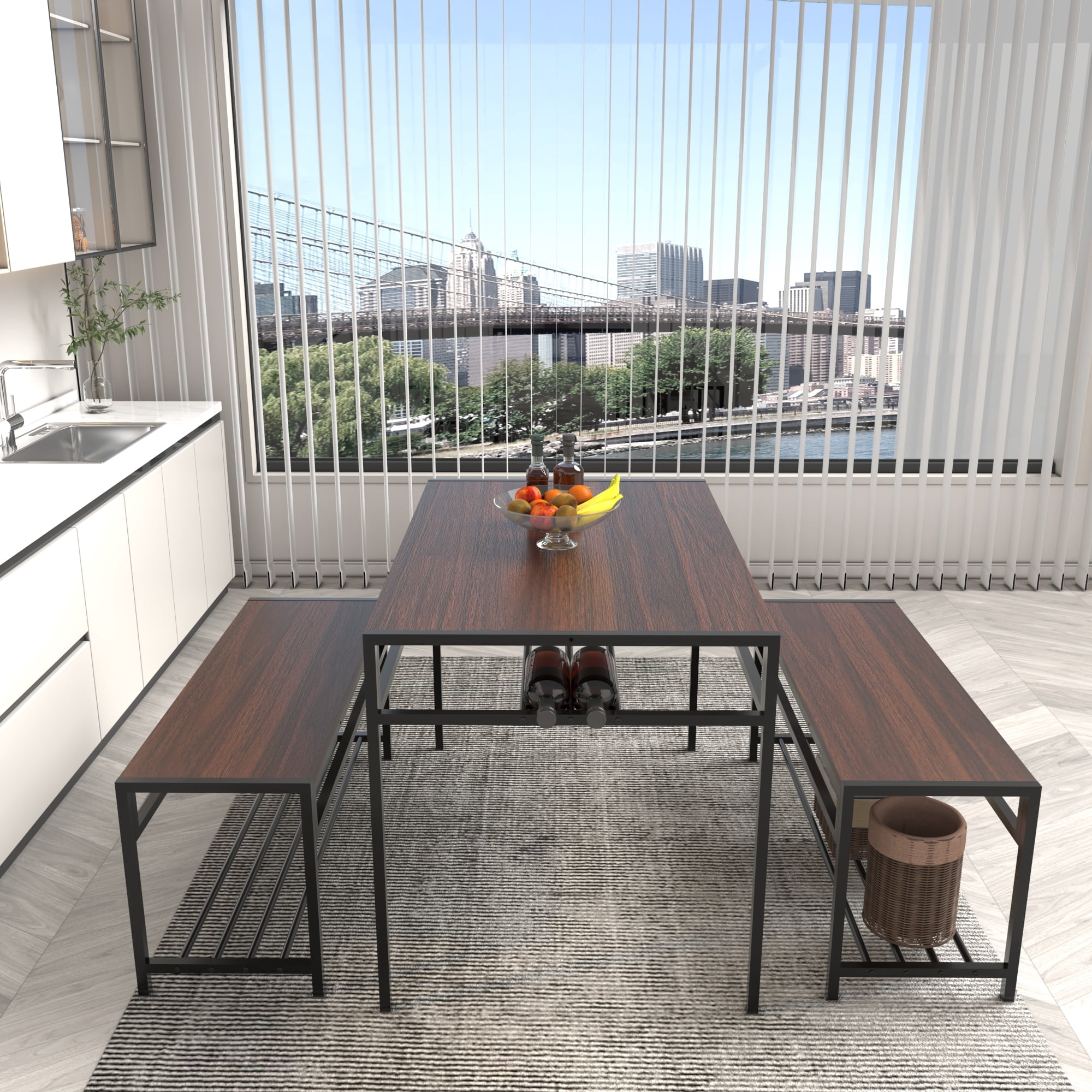 HOQBN Industrial 3 Piece Dining Table Set with 2 Benches,Rectangular Wood Grain Kitchen Table with Built-in Wine Storage Rack, Space Saving Dinner Furniture for Small Apartment Home,Walnut Brown