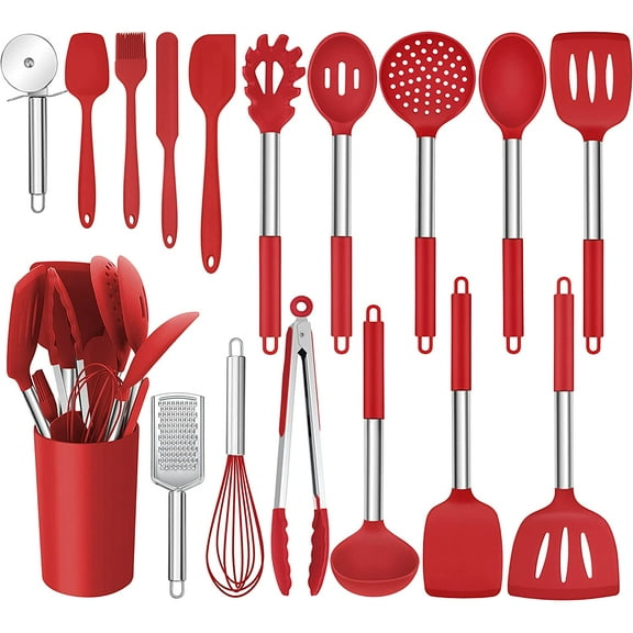 17 pcs Silicone Cooking Utensils Set with Holder,Nonstick Heat Resistant Stainless Steel Handle,Red