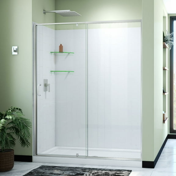 DreamLine Flex 34 in. D x 60 in. W x 78 3/4 in. H Pivot Shower Door Base and White Wall Kit in Brushed Nickel