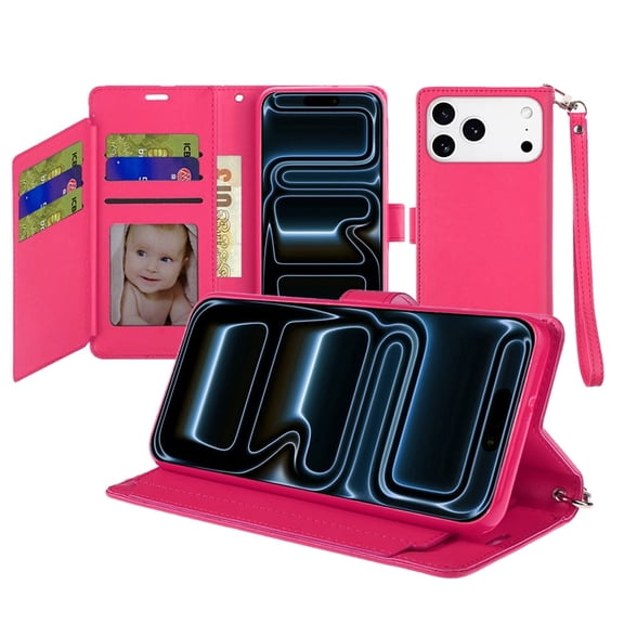 For Apple iPhone 18 Pro Wallet ID Card Holder Case Cover - Hot Pink