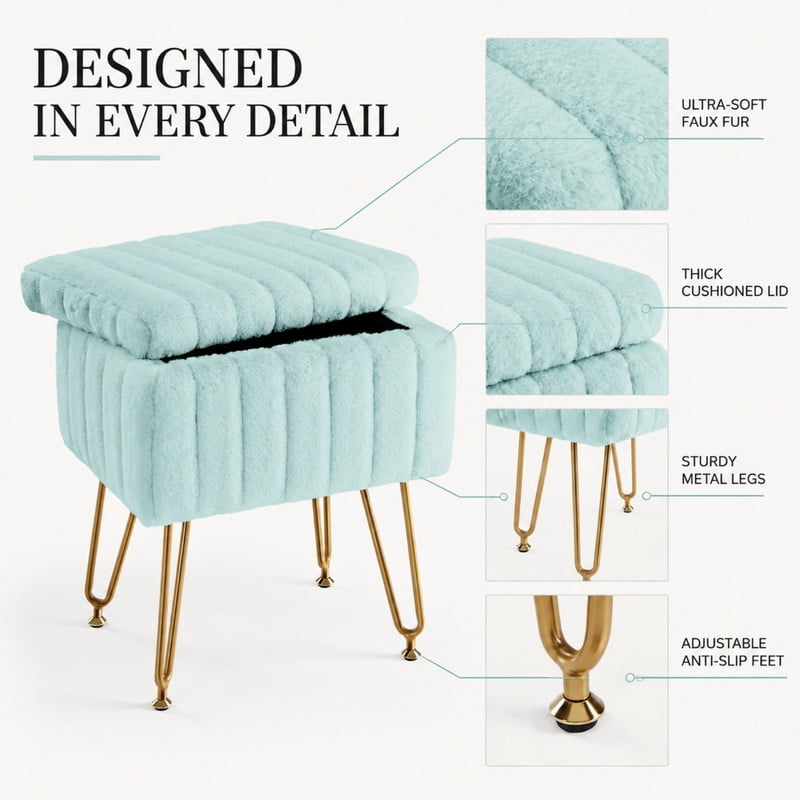 BEAUTYPEAK Vanity Stool with Storage Faux Fur Padded Makeup Ottoman with Gold Metal Legs and Adjustable Feet 18.9" Footstool, Mint