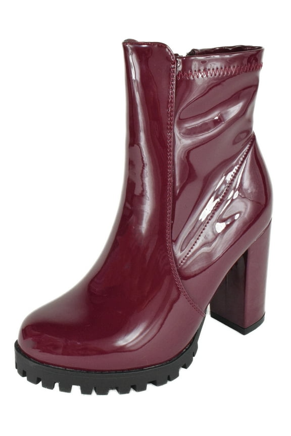 Women Ankle Boots Block Lug High Heels Short Booties Side Zipper LESLIE-50 Red Burgundy Wine Patent 9
