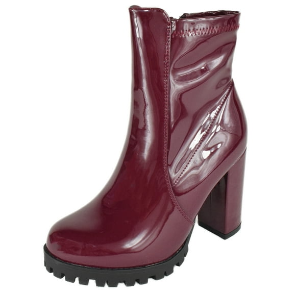 Top Moda Women Ankle Boots Block Lug High Heels Short Booties Side Zipper LESLIE-50 Red Burgundy Wine Patent 11