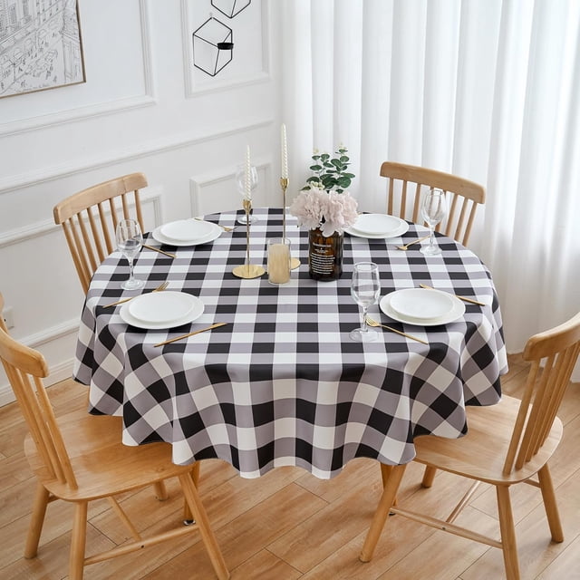 Nappe Ronde de 70 Pouces Nappe à Carreaux Noir et Blanc - Housse de Table en Polyester à Carreaux Vichy Buffalo Réutilisable Résistante à l'Eau pour Fête de Vacances en Plein Air Pique-Nique Décoration de Cuisine