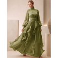 thumbnail image 4 of Womens Green Long Sleeve Pleated Ruched Waist Maxi Dress With Ruffle Hem, 4 of 6