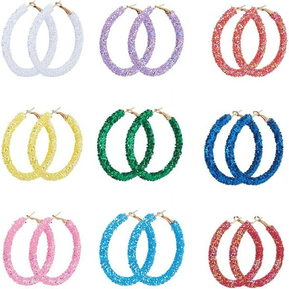 9 Pairs Glitter Hoop Earrings Shiny Hoop Dangle Earrings Sequins Wrapped Circle Earrings Sparkle Resin Round Earrings Jewelry for DIY Women