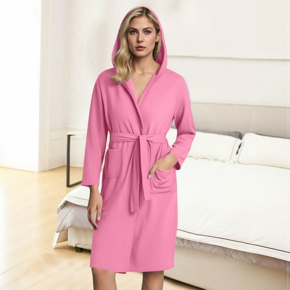 Hooded Bathrobes for Women Lightweight Long Sleeve Robe Soft Comfy Loungewear Solid Color Nightwear for Bath New Nightdress for Women Long Pinky M