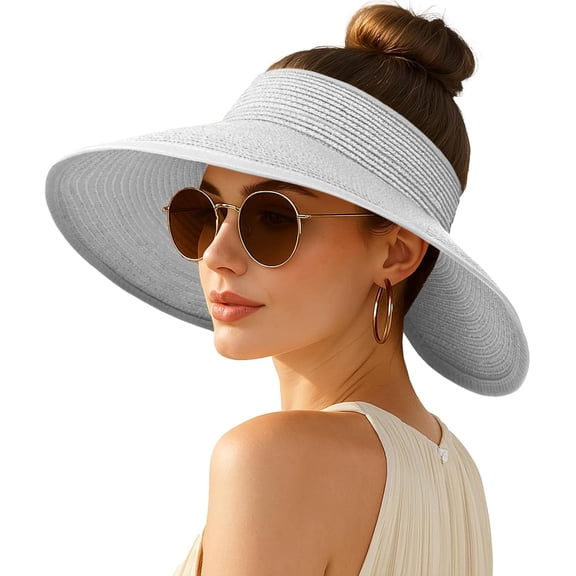 Sun Visor Hats for Women Wide Brim Straw Beach Hat Ponytail Open Top Packable Sun Hat Women Foldable Summer Travel Beach Hats for Women