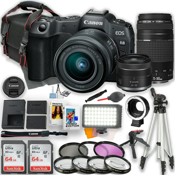 Canon EOS R8 Mirrorless Camera with Canon RF 24-50mm Lens and EF 75-300mm III Lens   LED Video Light   2pc 64GB Memory Cards   Camera Case   Extra Battery   EOS R Adapter   Filters   Tripod & More