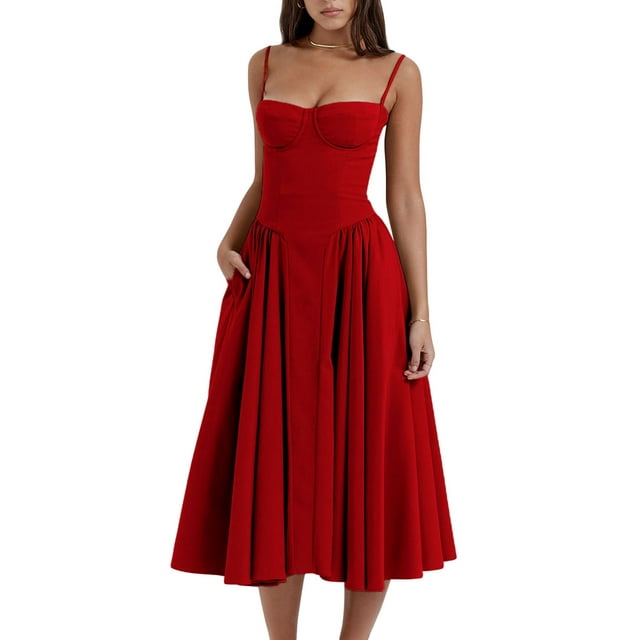 ZAXARRA Robe d'Été Décontractée pour Femmes, Ligne A, Couleur Unie, Sans Manches, Dos Nu, Robe Midi, Mode, Poches Latérales, Coupe Basse