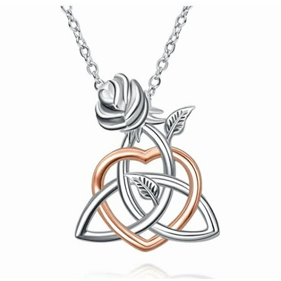 Sterling Silver Celtic Triangle Trinity Knot Necklace Heart Rose Pendant Good Luck Irish Jewelry for Women Gifts