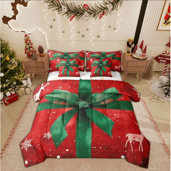 Feelyou Green Red Ribbon Bedding Comforter Set 7 Pieces, Winter Snowflake Full Bedding Set, Merry Christmas Reversible Fitted Sheet Flat Sheet, Breathable Home Decor
