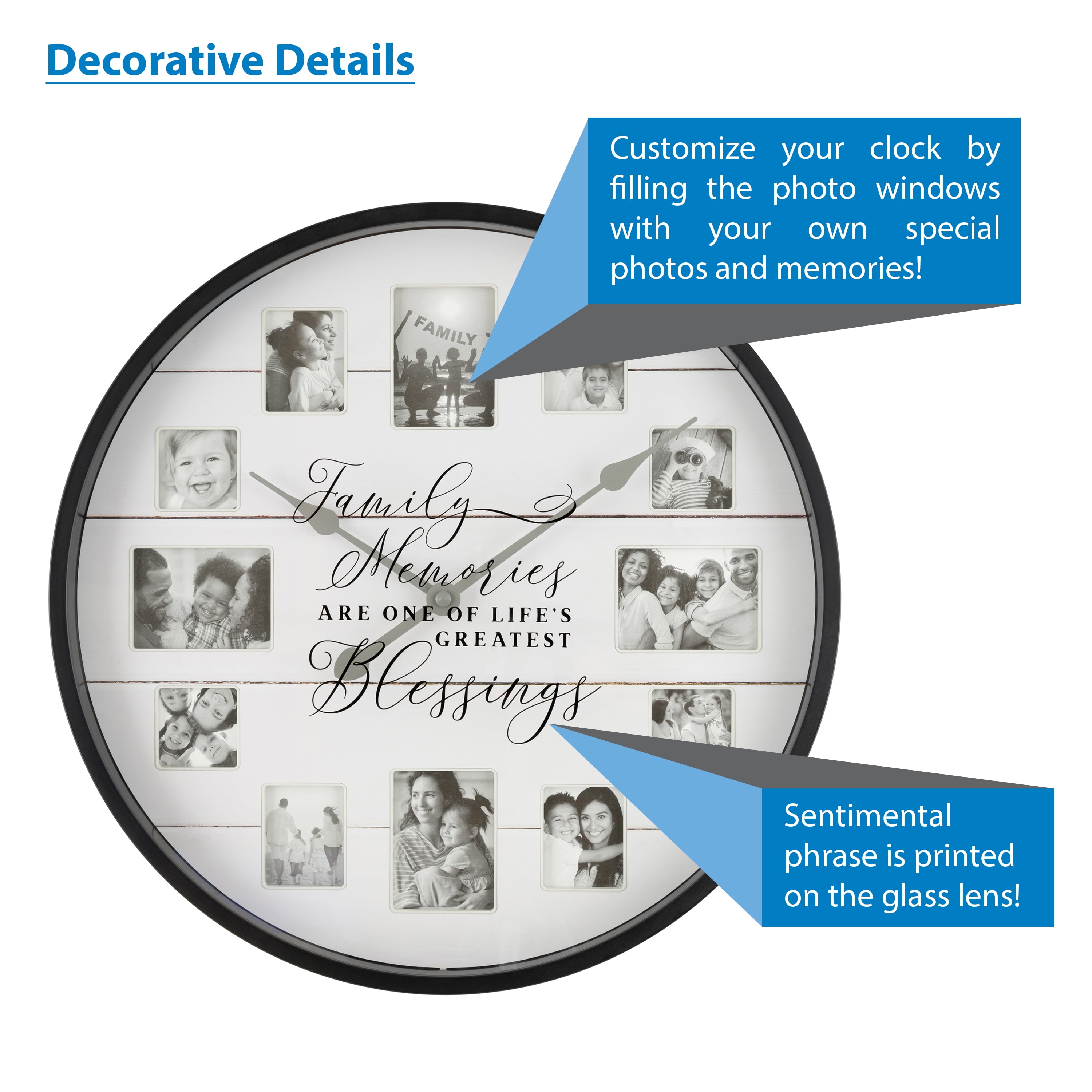 Sterling & Noble 20" Indoor Round Farmhouse Black & White Photo Frame Analog Wall Clock with Quartz Movement