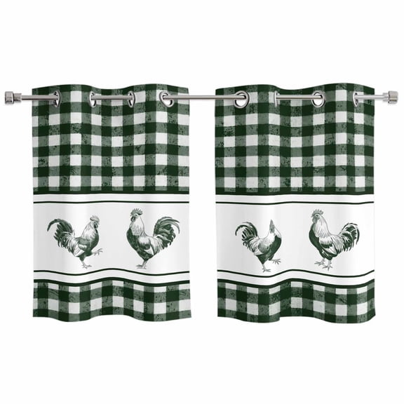 2 Panels Kitchen Tier Curtains 39 Inch Length, Farmhouse Green Plaid Grommets Window Treatment Curtain, Vintage Country Cock Checkered Thermal Curtains Drapes for Living Room/Bathroom