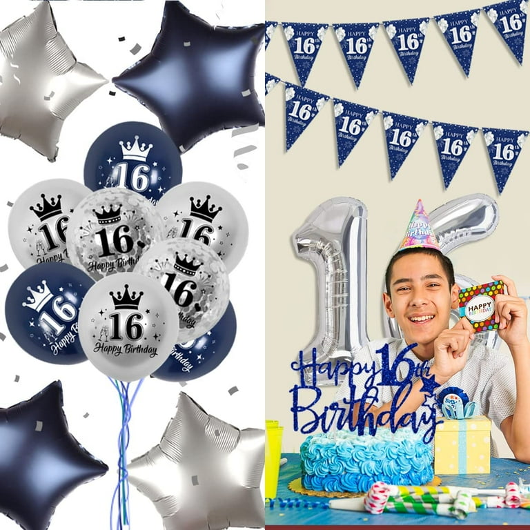 Decorazioni 16° Compleanno Per Ragazzi: 3 Striscioni Blu Con Bandierine Triangolari Pre-assemblate