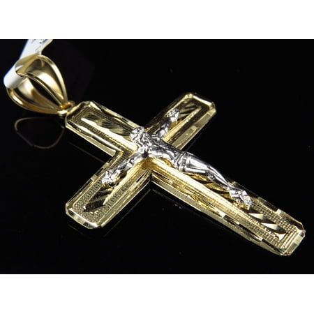 Cut Toggle Charm - Solid 10K Two Tone Gold Cross Crucifix Diamond Cut 2.25 Inch Pendant Charm