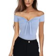 thumbnail image 1 of Blusa de manga corta con lazo en la parte delantera para citas informales, compras y viajes Top azul cielo con hombros descubiertos, 1 of 6