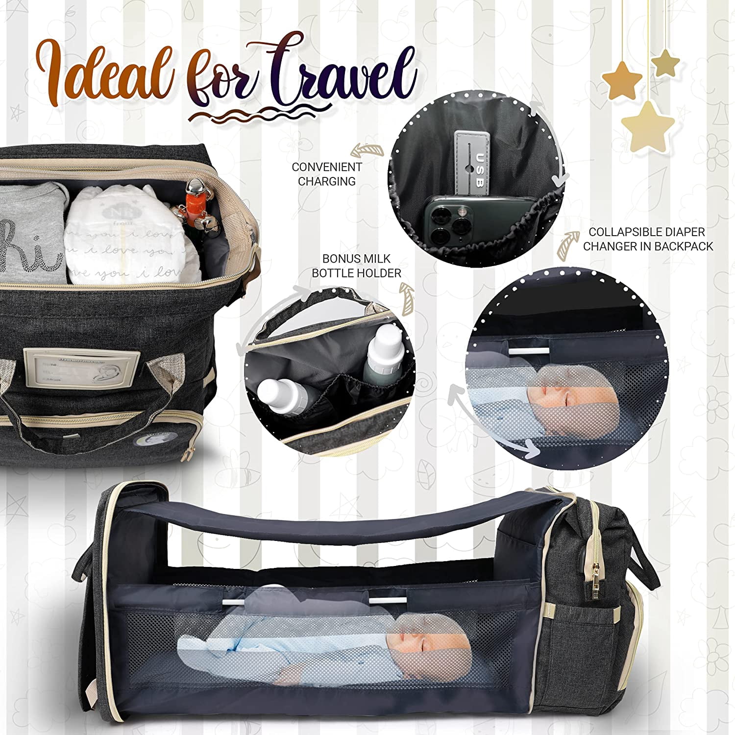 Baby Diaper Bag with Changing Station – Diaper Bag Backpack and USB Port, Insulated Bottle Bag, Mosquito Net, Sunshade – Comfortable and Stylish with Practical Stroller Hooks (Black)