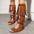 thumbnail image 2 of Womens Fringe Knee High Flat Boots Gladiator Open Toe Tassel Backless Sandals Strap Buckle Party Fashion Dress Shoes Yellow Size 8, 2 of 6