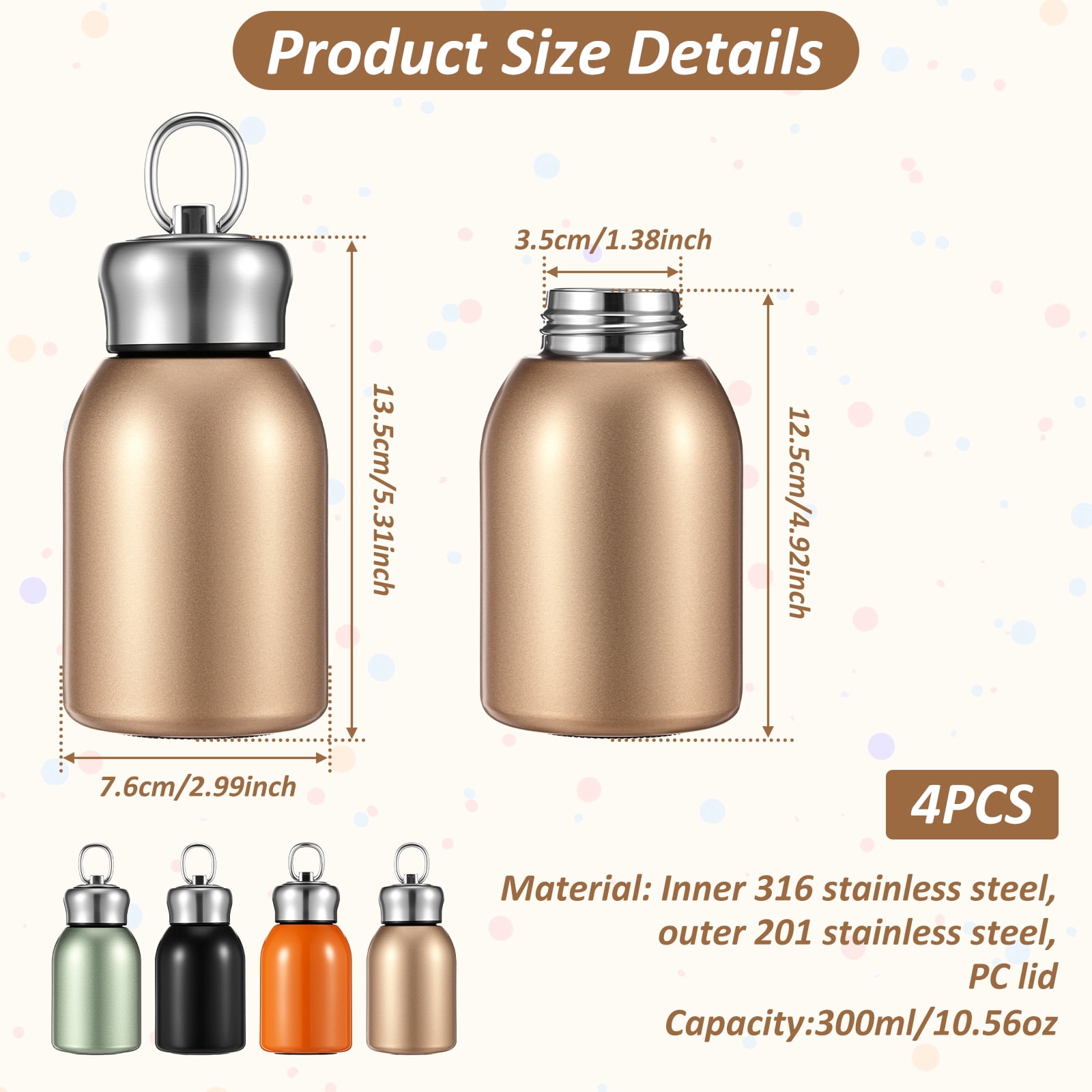 Grusce 4PCS 10.5oz Mini Water Bottles, Small Stainless Steel Insulated Bottle, Mini Thermal Coffee Flask for Cold/Hot Beverages Travel Camping Hiking