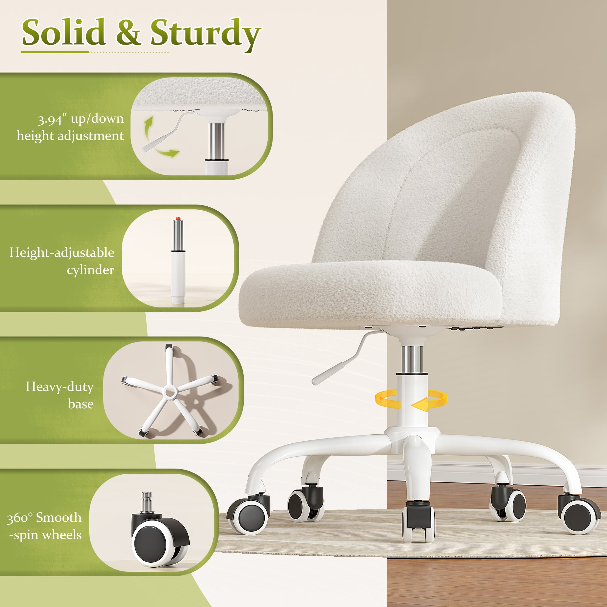 Romorgniz Vanity Chair Height Adjustable Desk Chair with Wheels, Armless Office Chair with Soft Lumbar Support for Small Space, Bedroom, Home office, White