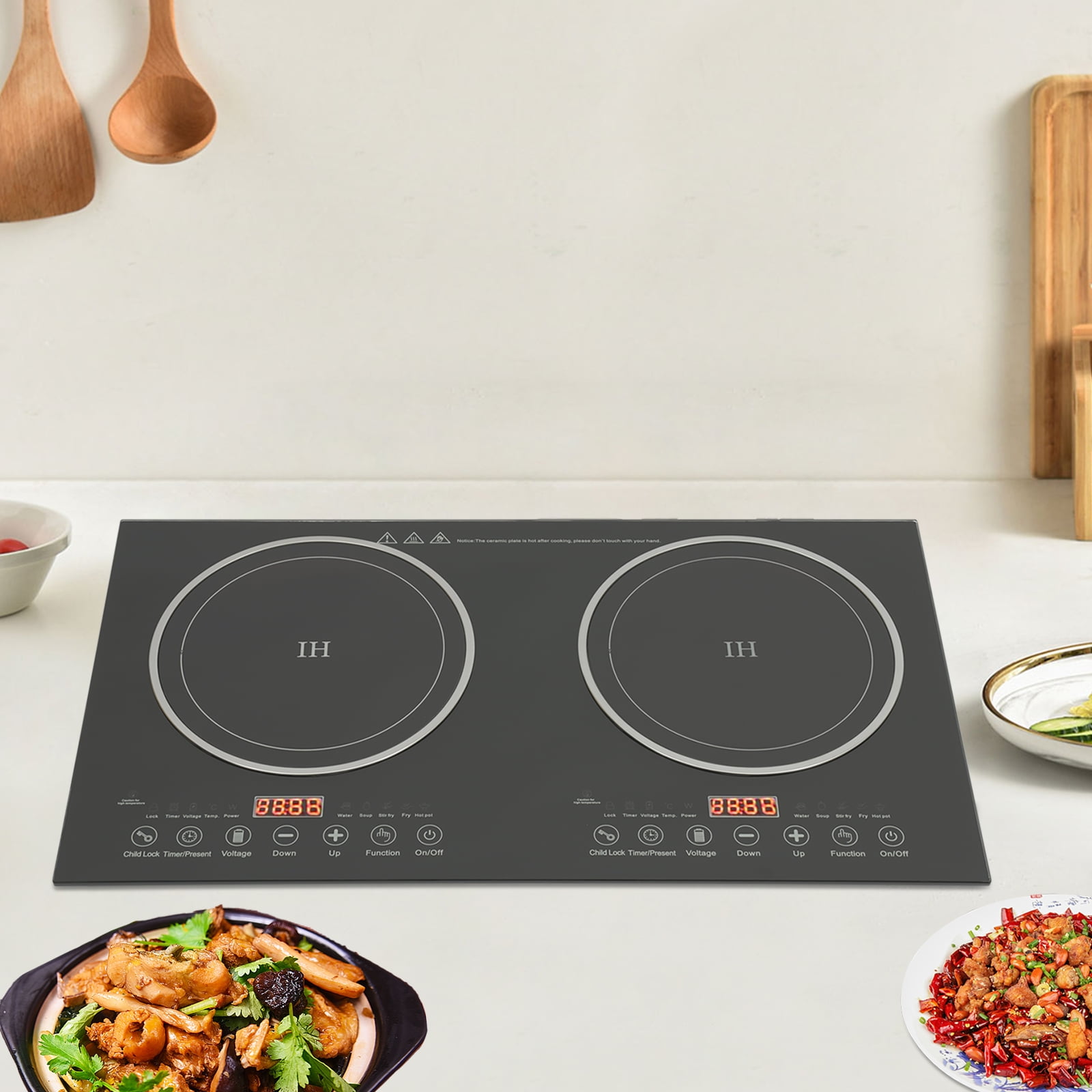 2400W Double Induction Cooktop, Electric Built in Induction Cooker Cooktop with Independent Control 2 Burners Tempered Glass 110V Black
