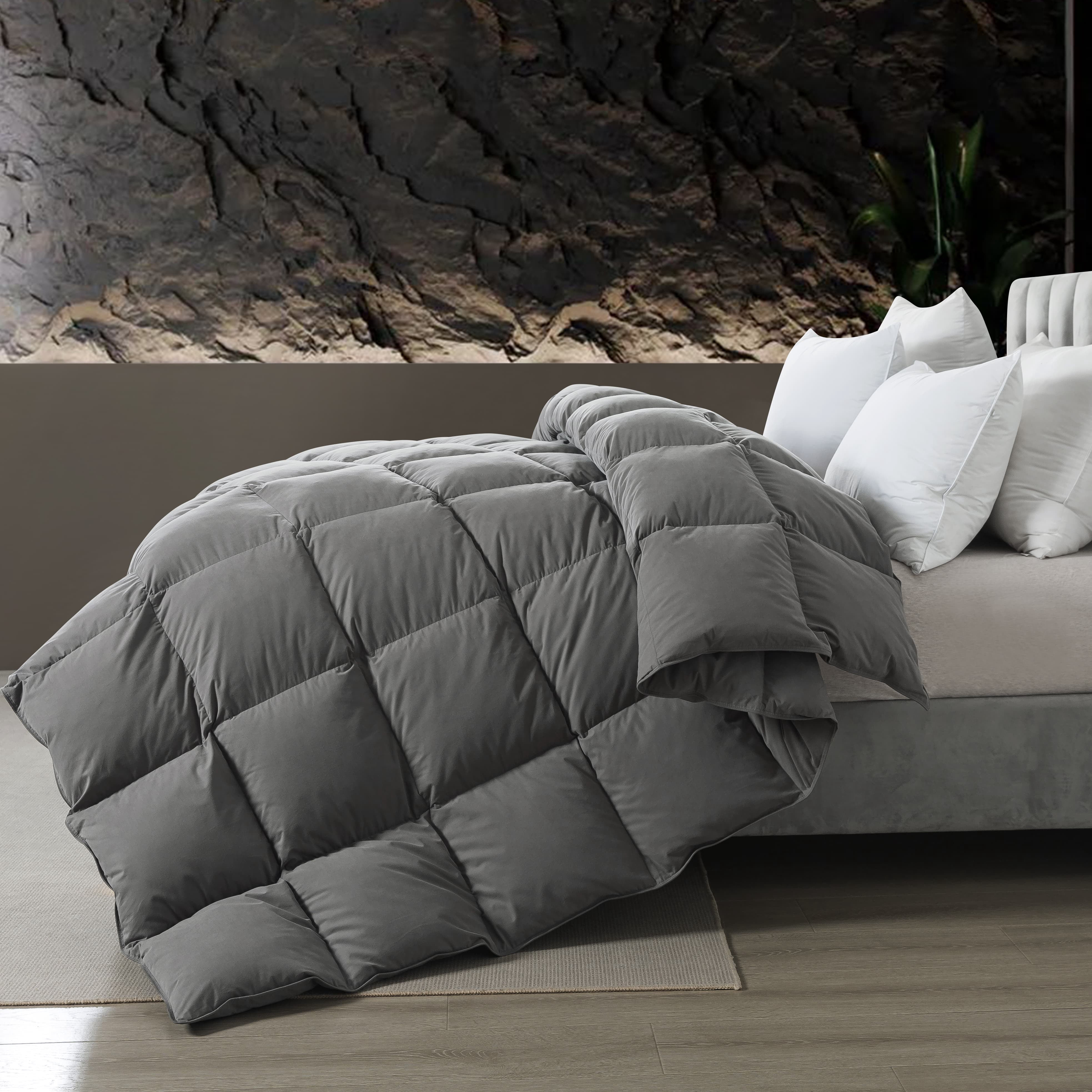 BedTreat Goose Feather Down Comforter King Size, Luxury Hotel Bedding Comforter All Season Duvet Insert, Medium Warmth 100% Cotton Gray Cover with Corner Tabs（106x90 inch）